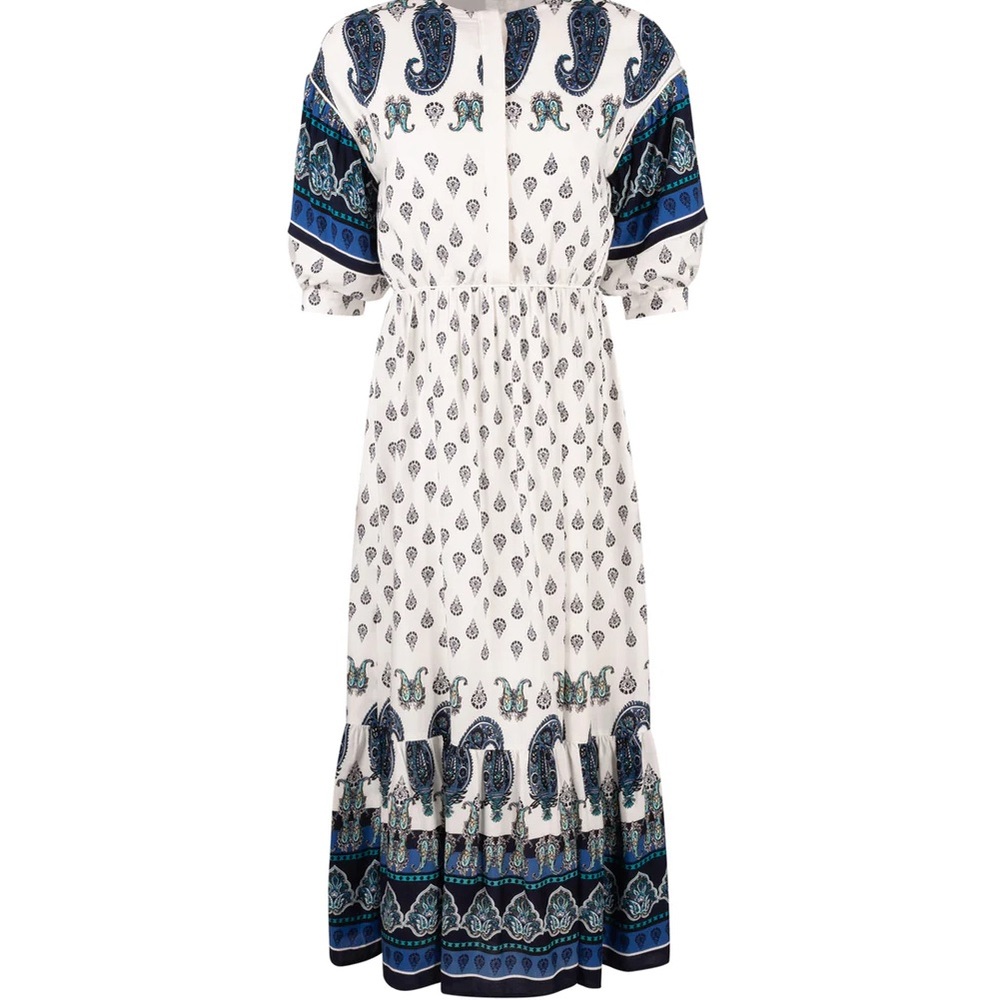Elegant Blue and White Paisley Dress